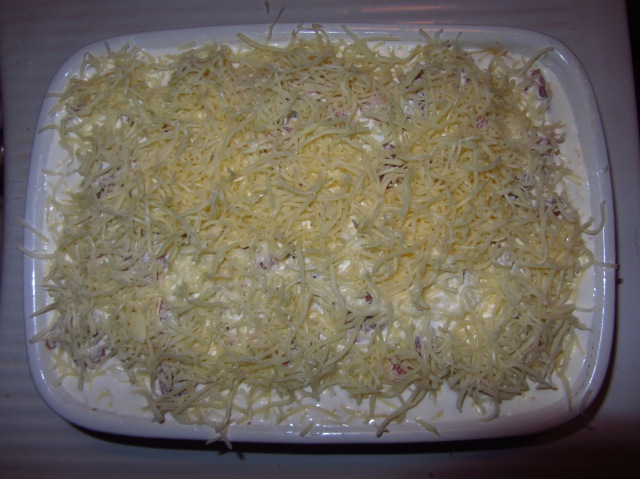 Aerial view of gratin with Emmental across the top
